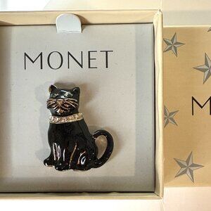 Rare Vintage Monet Elegant Black & Gold Cat Accent Brooch Pin New in Box